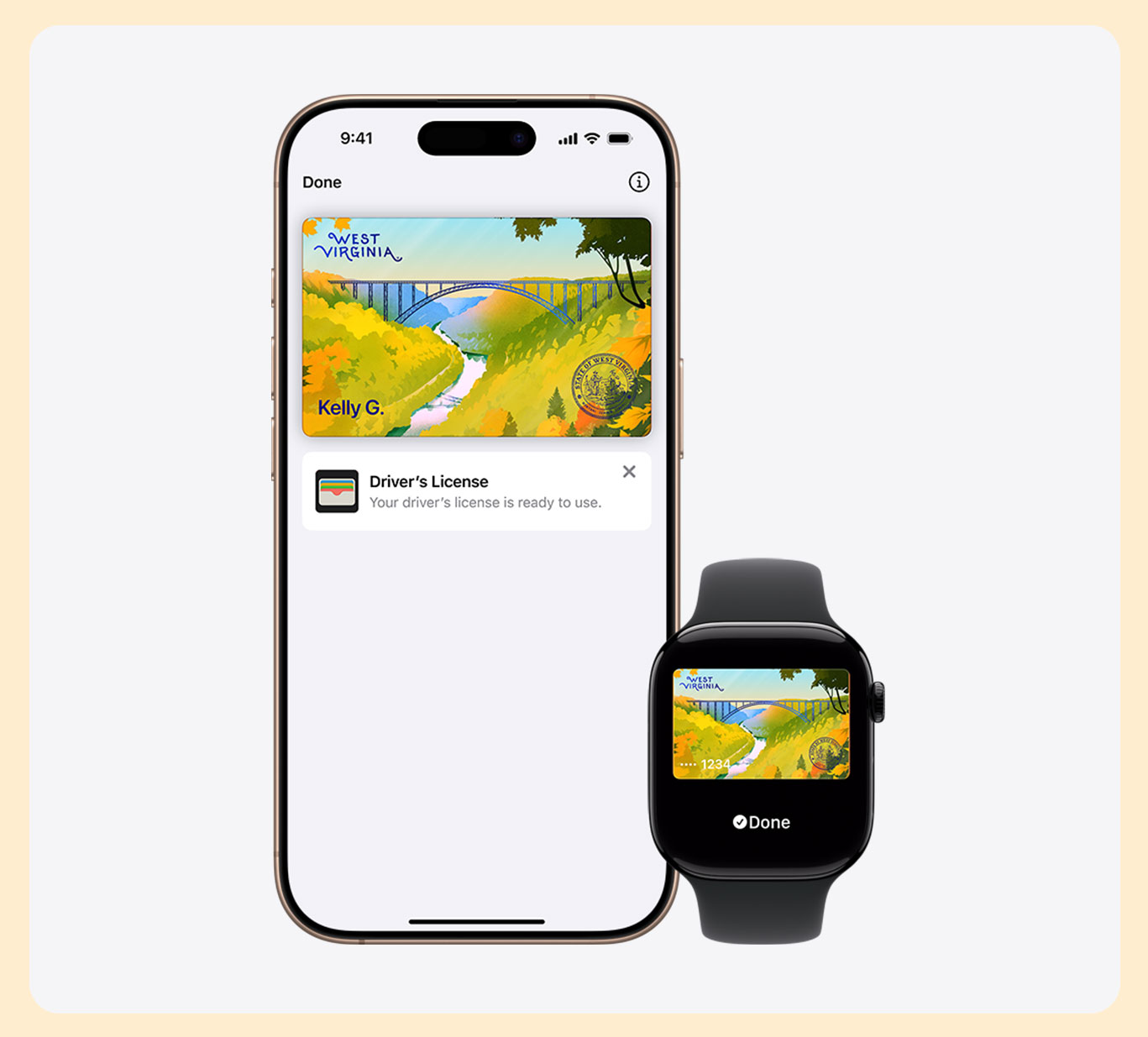 Phone and watch using Apple Wallet to display a Driver's License and ID