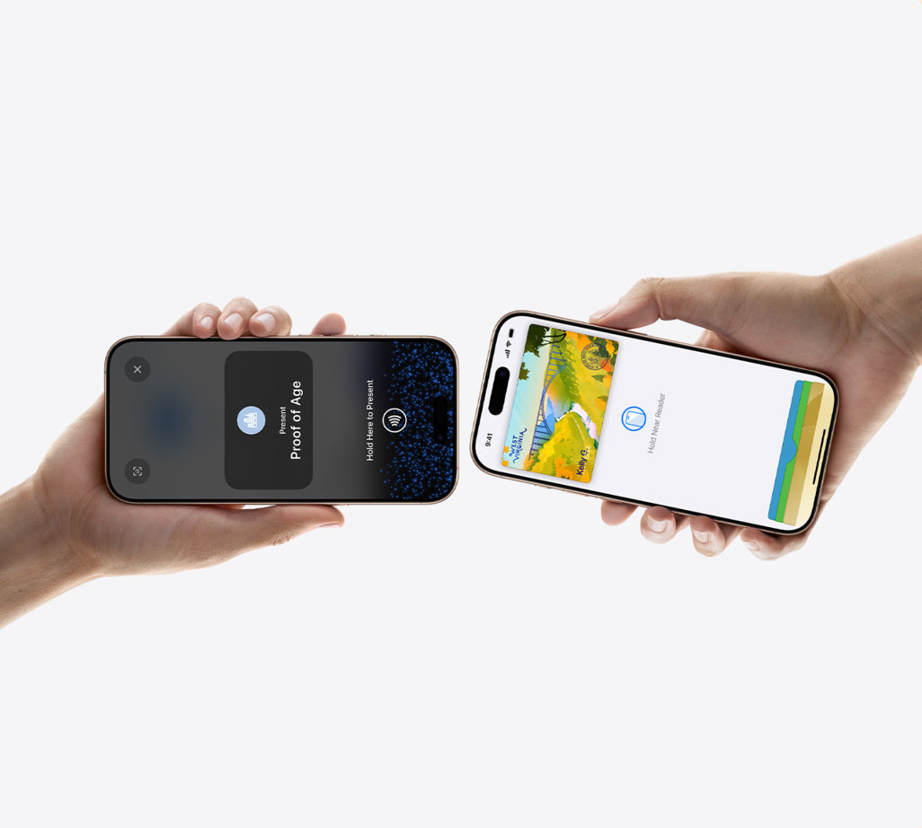 Two people holding their phones close. One person is presenting their West Virginia ID, while the other person is confirming proof of age.