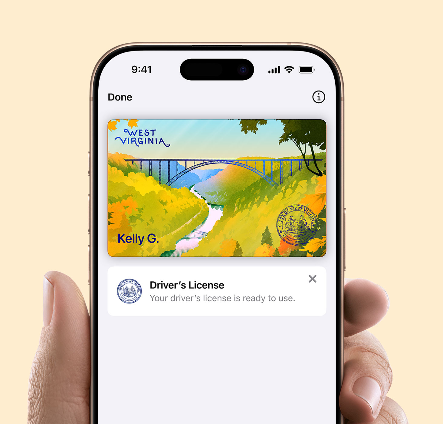 Person holding a phone using Apple Wallet to display a Driver's License or ID