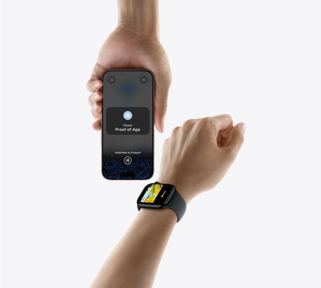 One person is presenting their West Virginia ID on an Apple Watch to another person who is confirming proof of age by holding their phone close to the watch.