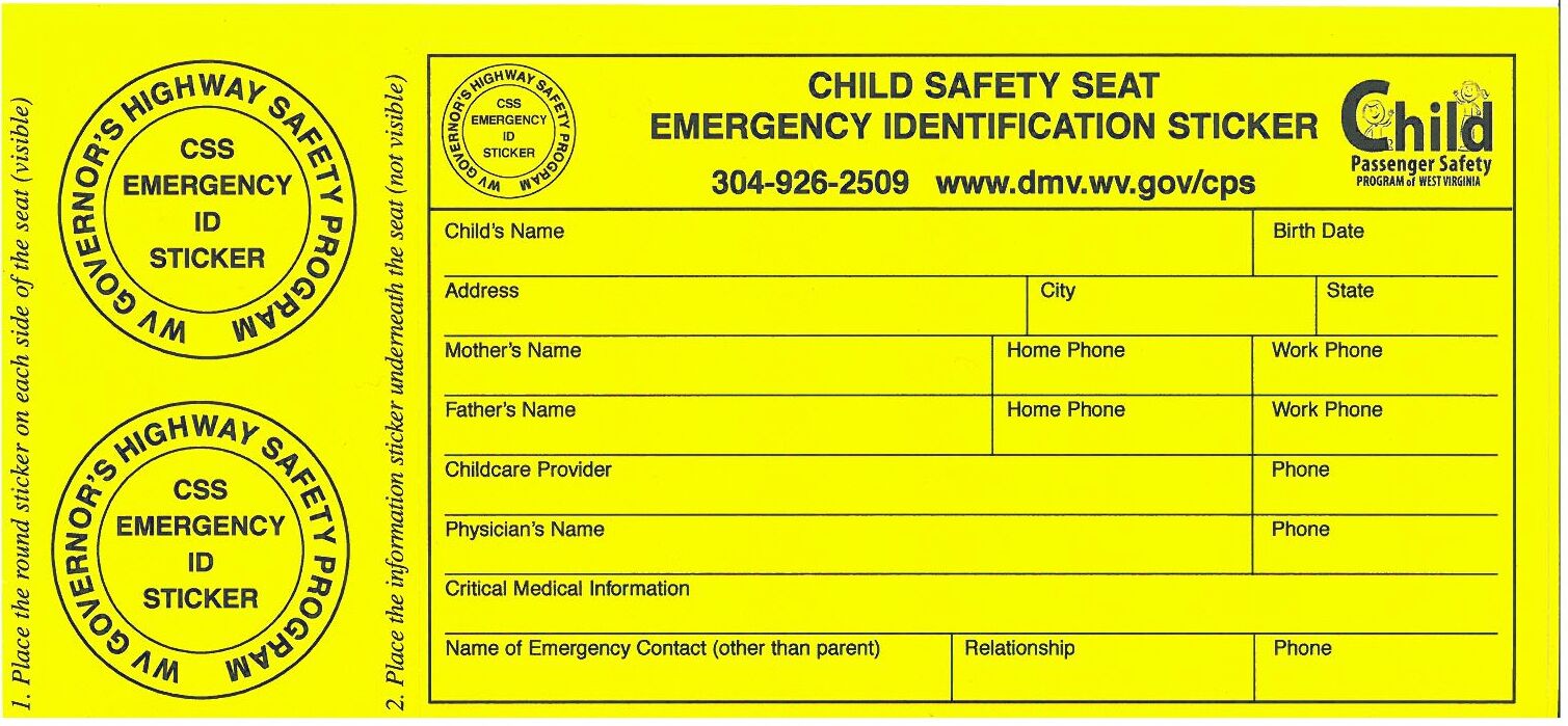 Child safety seat emergency identification sticker
