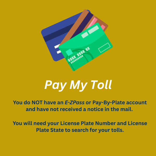 You do not have an E-ZPass or Pay-By-Plate account and have not received a notice in the mail. You will need your License Plate Number and License Plate State to search for your tolls.