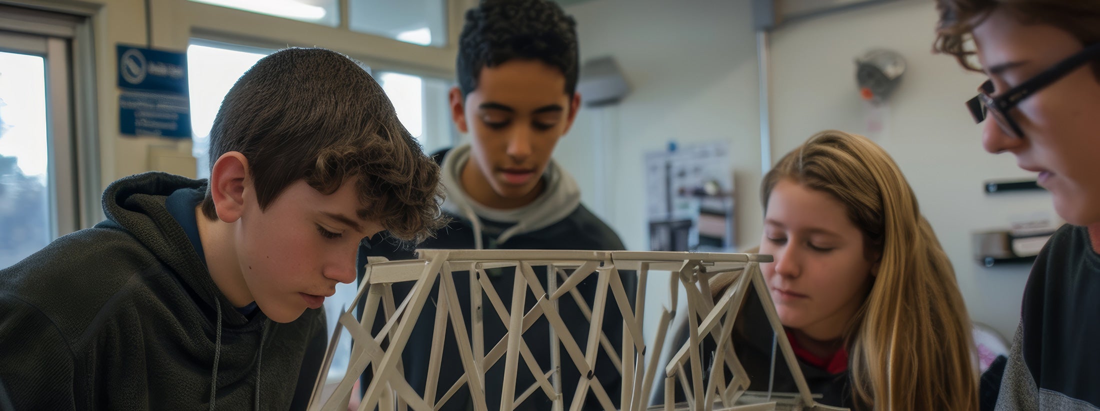 Four students working on a wooden bridge design