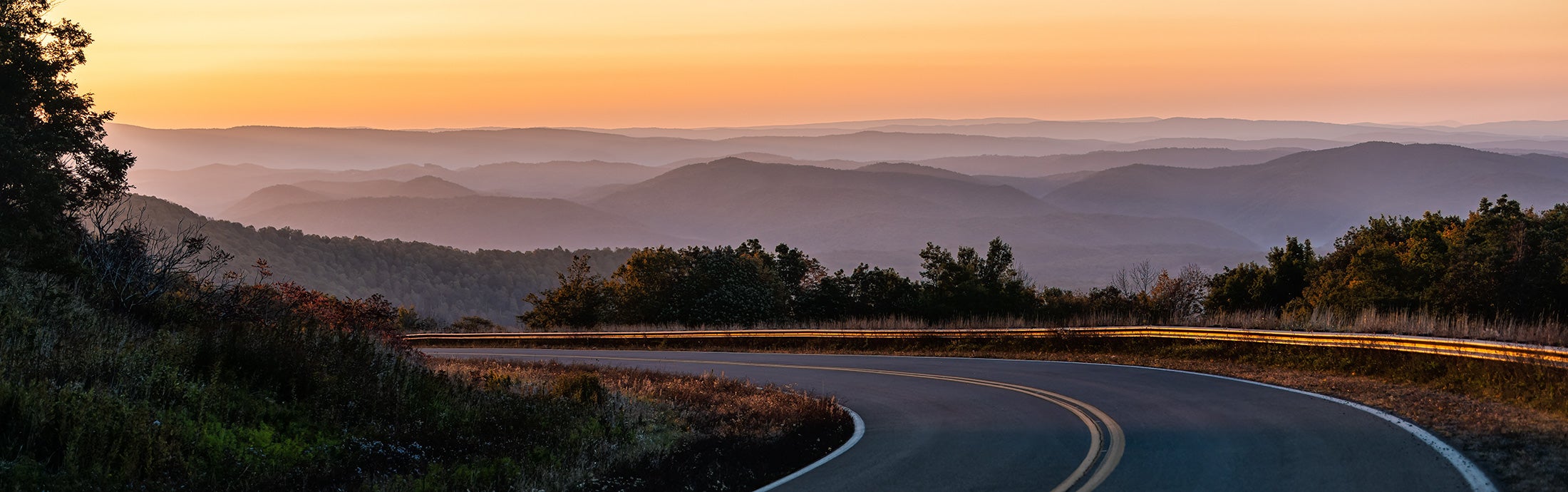 Sunset on a winding West Virginia scenic highway in Monongahela National Forest