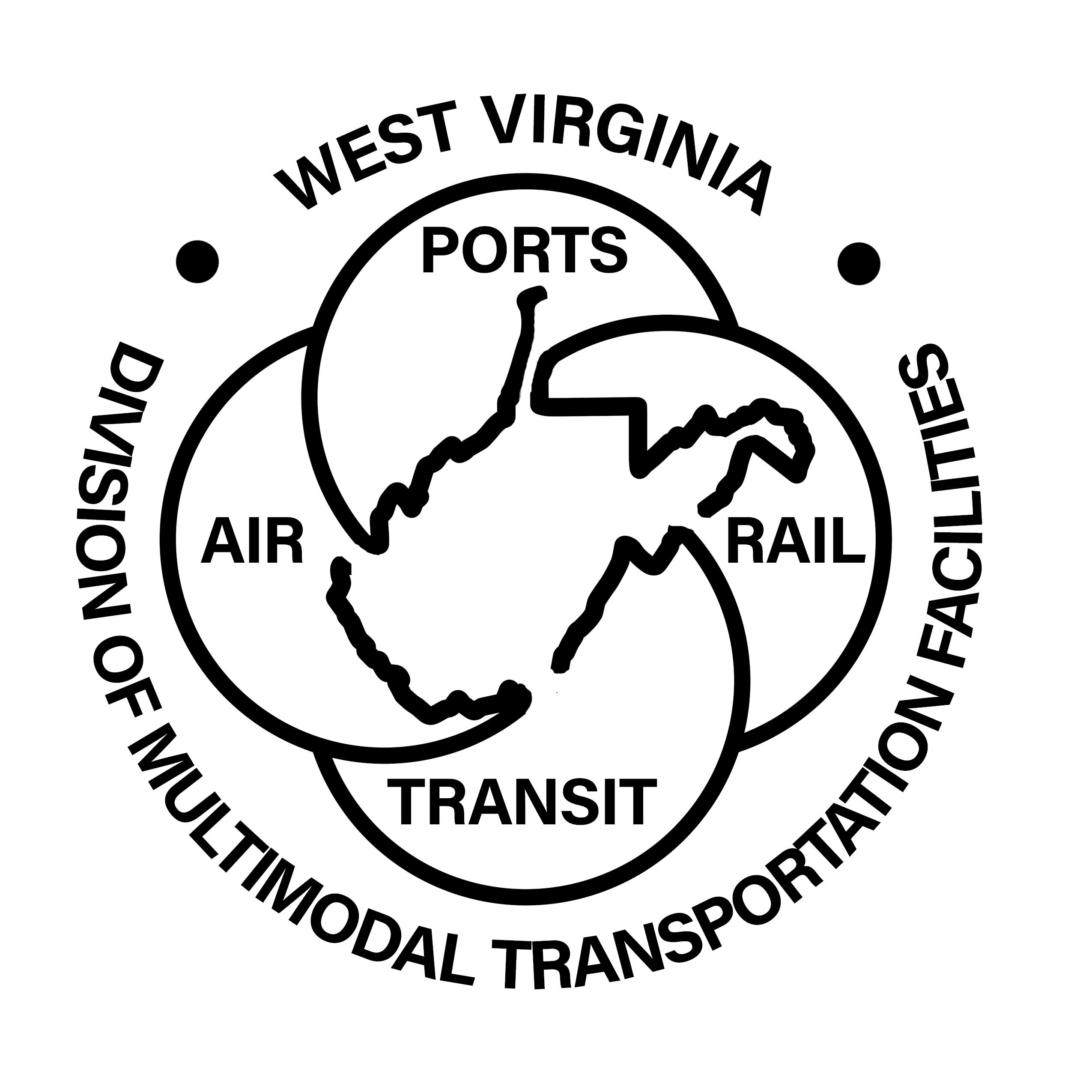 The circular black-and-white logo for the West Virginia Division of Multimodal Transportation Facilities, featuring a state outline surrounded by overlapping circles labeled Ports, Air, Rail, and Transit