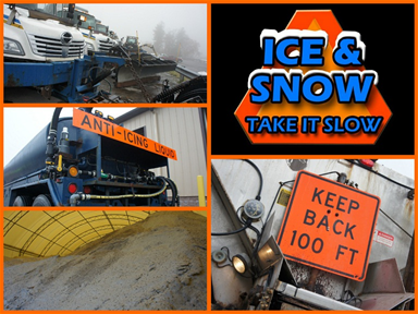 A collage of winter road safety images featuring snowplow trucks, an anti-icing liquid tank truck, a road salt storage dome, a 'Keep Back 100 Ft' vehicle sign, and a graphic reading 'Ice & Snow, Take It Slow'