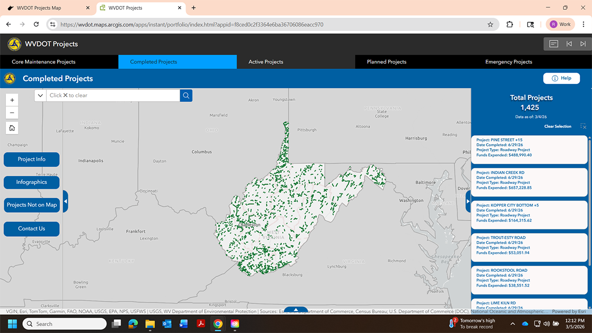 A screenshot of the interactive WVDOT Projects map portal displaying completed infrastructure projects across West Virginia, featuring a map covered in green markers and a sidebar showing a total of 1,425 projects