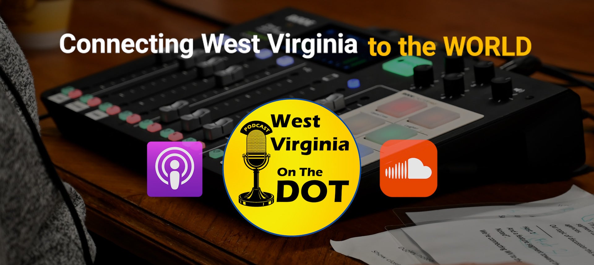 Promotional banner for the 'West Virginia On The DOT' podcast, featuring its yellow logo with a vintage microphone flanked by Apple Podcasts and SoundCloud icons, set against an audio mixing console background with the text 'Connecting West Virginia to the WORLD.
