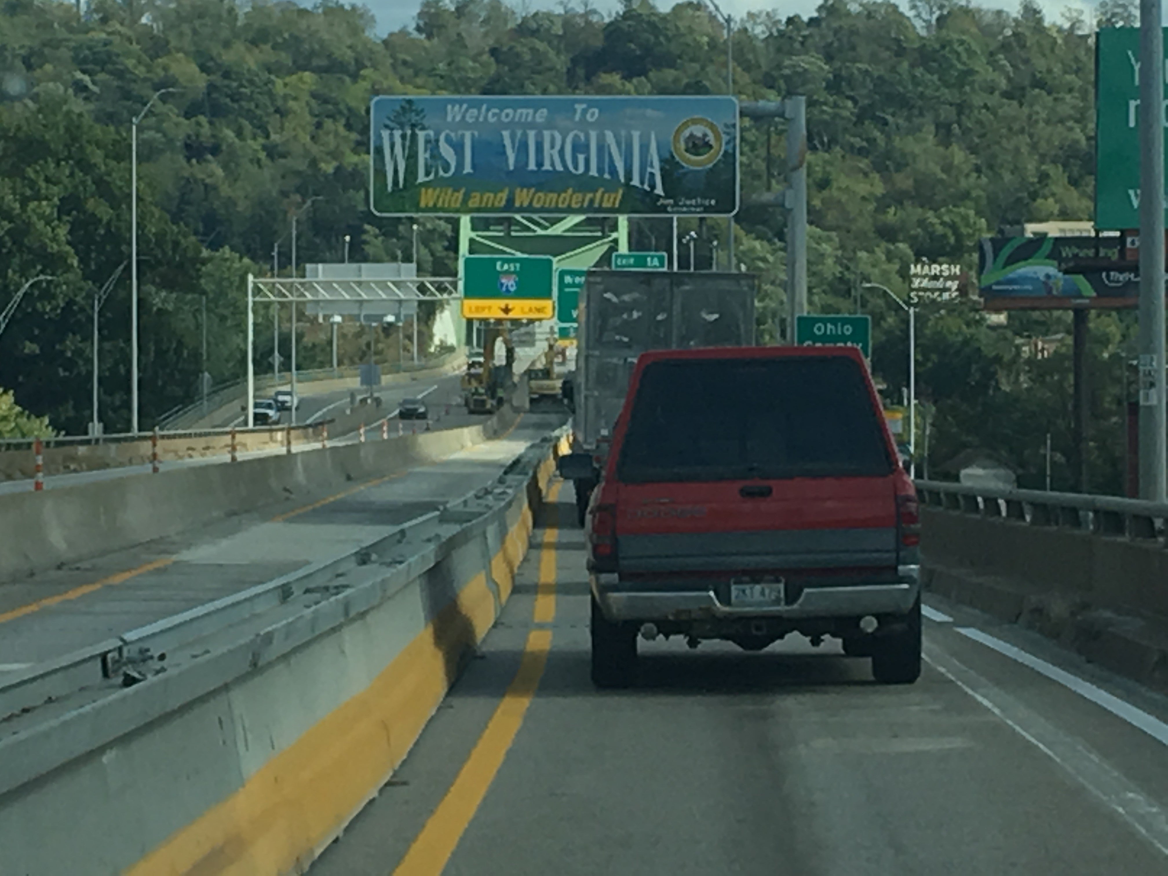 "Welcome to West Virginia" sign on the I-70 Fort Henry Bridge in Wheeling during bridge rehabilitation work.