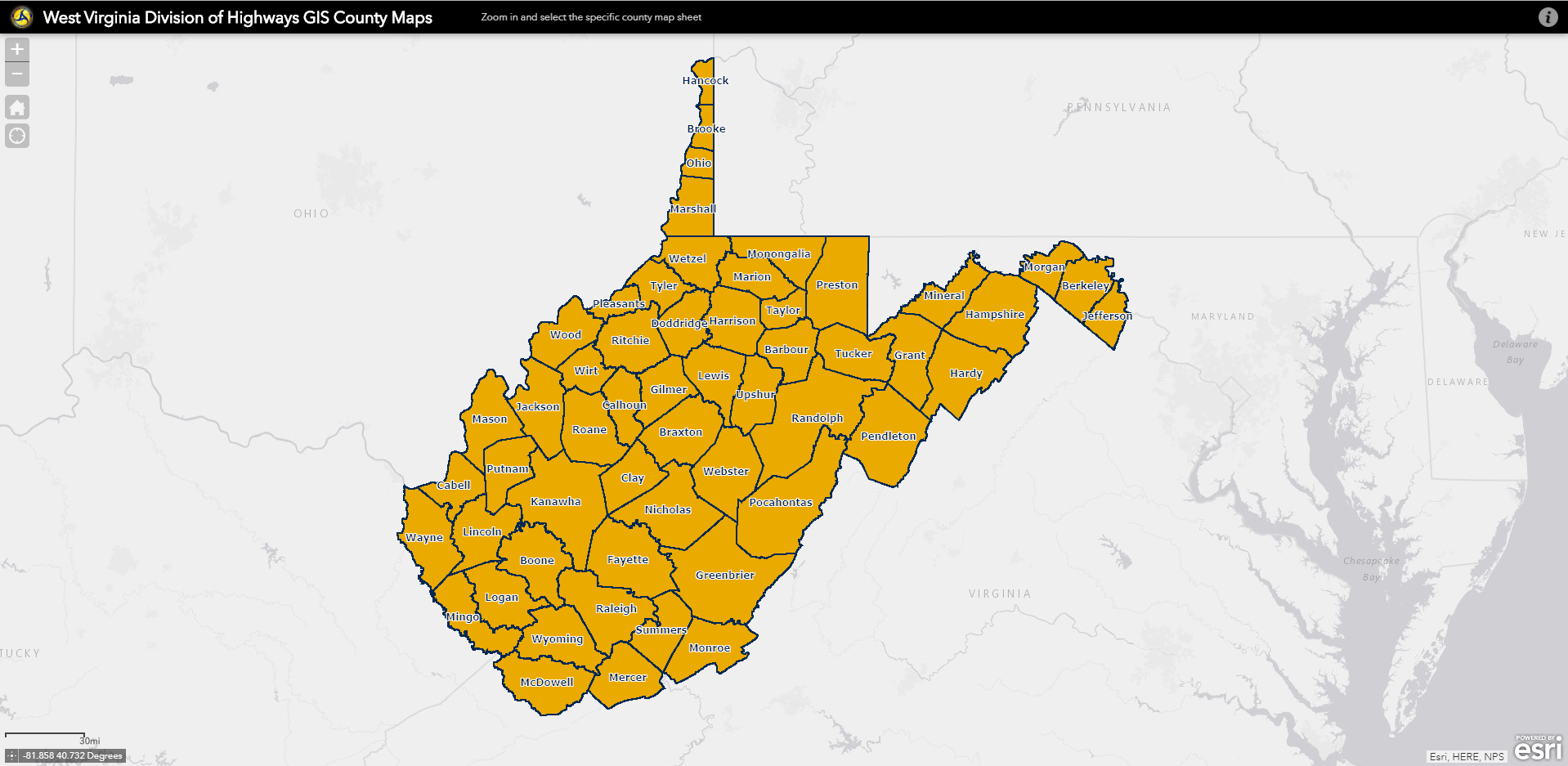 Launch the West Virginia Division of Highways GIS County Maps interactive application.