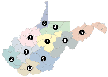 Statewide color-coded map of West Virginia showing the boundaries of all ten regional Division of Highways districts, with each district distinctly labeled with a numbered marker from 1 to 10.