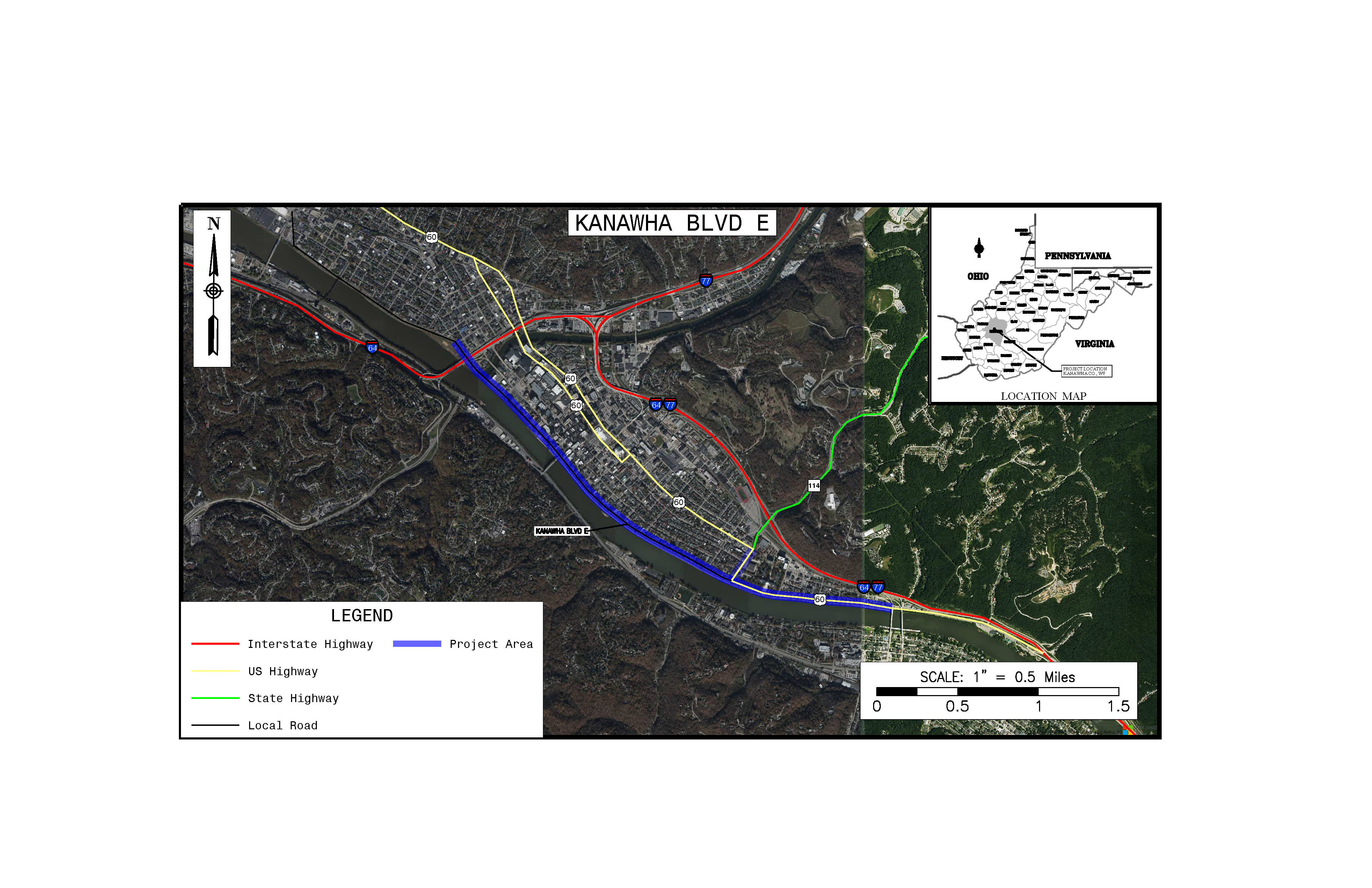 An aerial location map showing a blue highlighted project area along Kanawha Boulevard East beside the river in Charleston, West Virginia, complete with a road type legend, scale bar, north arrow, and state inset map indicating Kanawha County