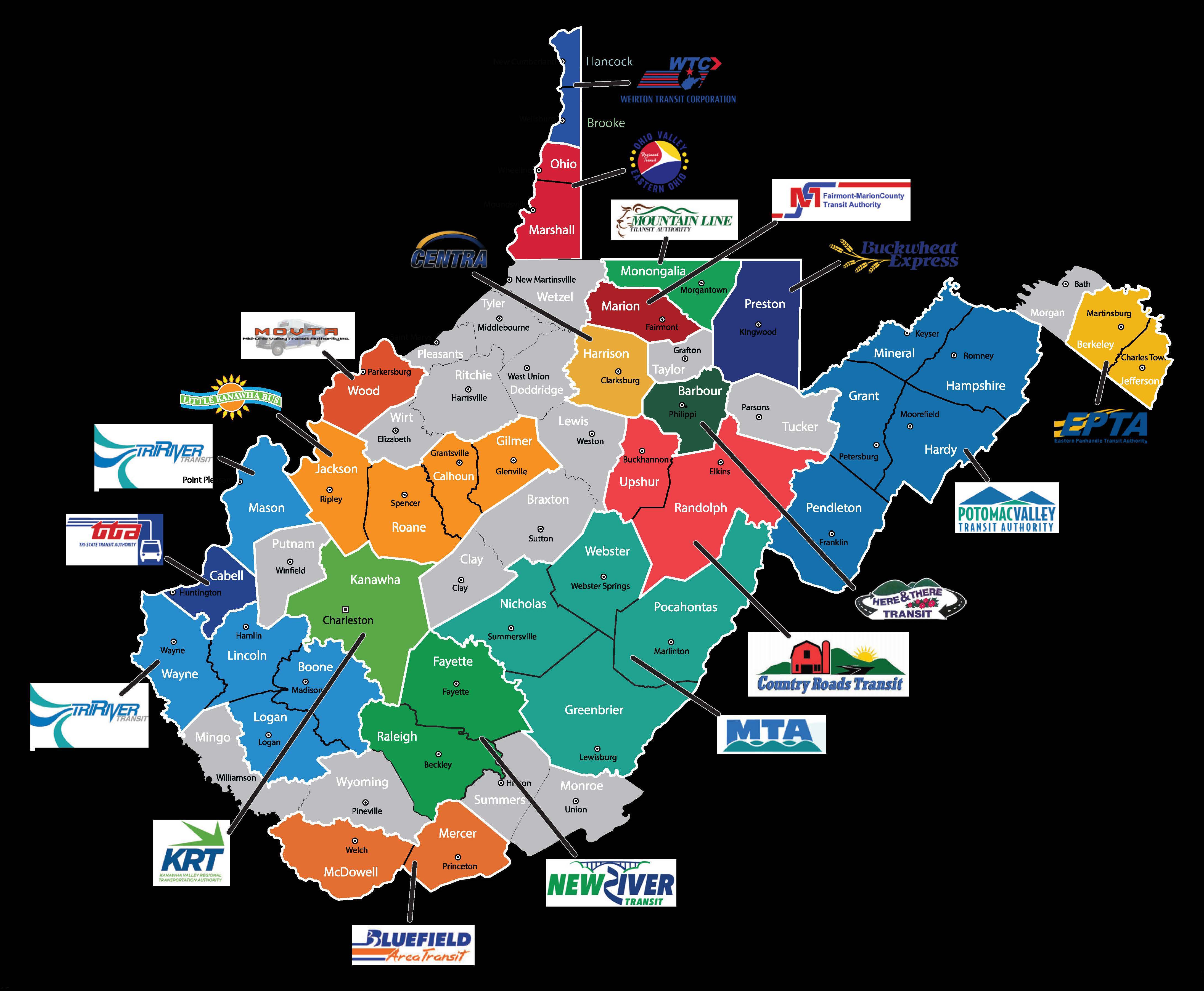 A color-coded map of West Virginia counties displaying the service regions and logos of various local public transit authorities across the state.