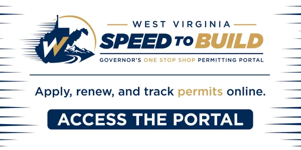 WV Speed to build logo. It reads Governor's one stop shop permitting portal. Apply, renew, and track permits online.